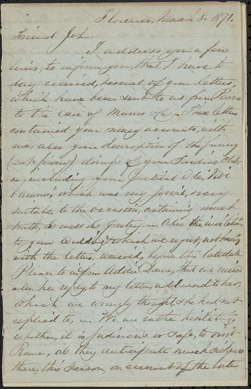 Letter from Thomas F. Cordis to John D. Long, March 8, 1871