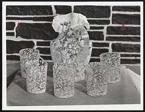 Shaded Opalescent water set in Spanish Lace pattern with applied shell handle.
