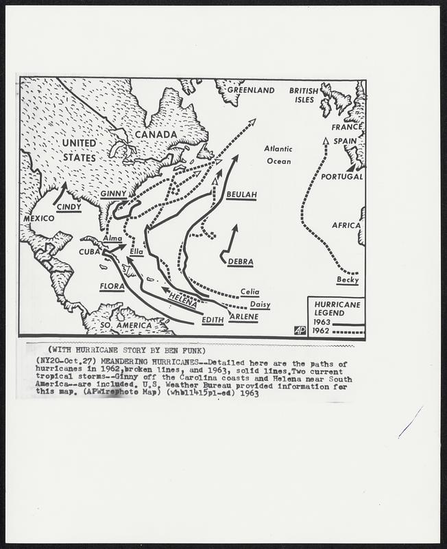 Meandering Hurricanes--Detailed here are the paths of hurricanes in 1962, broken lines, and 1963, solid lines. Two current tropical storms--Ginny off the Carolina coasts and Helena near South America--are indicated. U.S. Weather Bureau provided information for this map.