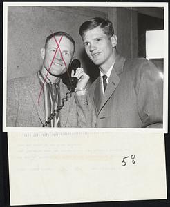 Bob Martyn, Fielder; and Ralph Terry, Pitcher with the Kansas City Athletics make the latest check with Boston’s weather man from the lobby of the Hotel Kenmore.