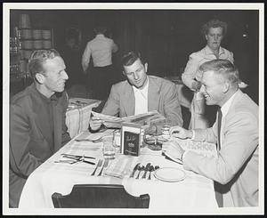 Hail, Hail the Gashouse Gang is in town. Redbirds of St. Louis breakfasting at the Kenmore before Tonight's game with the Braves, list (left tonight) Al Brazle, Erv Dusak and Bill Howerton.