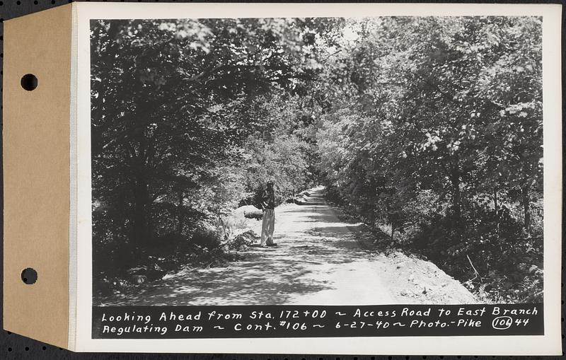 Contract No. 106, Improvement of Access Roads, Middle and East Branch Regulating Dams, and Quabbin Reservoir Area, Hardwick, Petersham, New Salem, Belchertown, looking ahead from Sta. 172+00, access road to East Branch Regulating Dam, Belchertown, Mass., Jun. 27, 1940