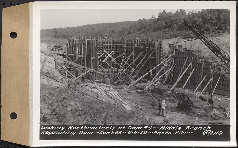 Contract No. 66, Regulating Dams, Middle Branch (New Salem), and East Branch of the Swift River, Hardwick and Petersham (formerly Dana), looking northeasterly at dam 4, middle branch regulating dam, Hardwick, Mass., Aug. 8, 1939