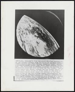 Earth From 100 Miles Up--This photograph of the earth's surface from 100 miles up was made with a camera mounted in a Navy Aerobee Sounding Rocket during a record-breaking flight from White Sands Proving Ground, N.M. The Department of Defense released the picture in Washington today but gave no date for the flight. Camera looks almost due south, showing the Rio Grande Valley at lower left. Dark streak at upper right is the Gulf of California; black space above the horizon is the sky. From bottom to top the picture covers approximately 900 miles with the distance across the horizon estimated at about 1,700 miles. The photograph is a blowup of a single 16mm motion picture film framed made by a standard gun turret camera modified for rocket use.