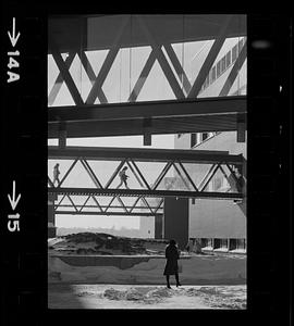 UMass Boston Columbia Point in winter. Note enclosed passageways, Dorchester