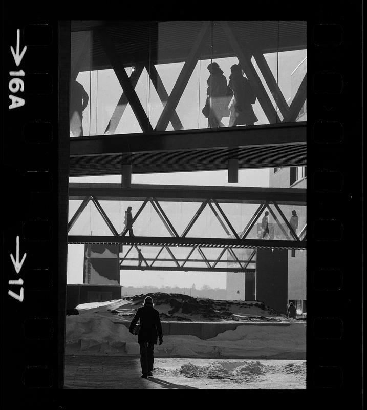 UMass Boston Columbia Point in winter. Note enclosed passageways, Dorchester