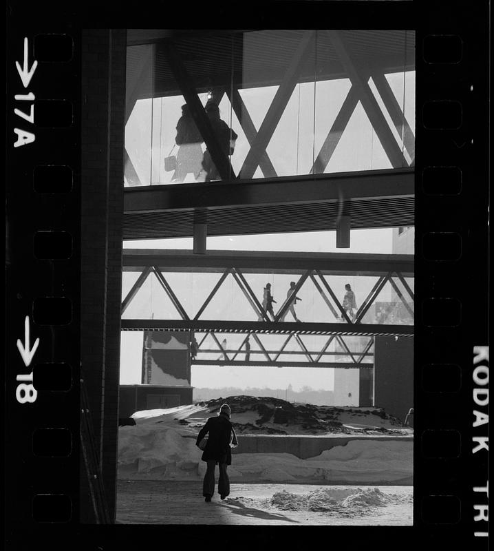 UMass Boston Columbia Point in winter. Note enclosed passageways, Dorchester