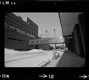 UMass Boston Columbia Point in winter. Note enclosed passageways, Dorchester