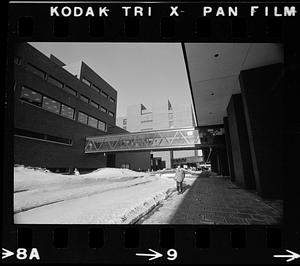 UMass Boston Columbia Point in winter. Note enclosed passageways, Dorchester