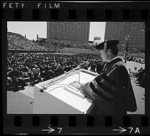Boston University graduation at BU Field: Pres. John Silber speaking, Charles River, Boston