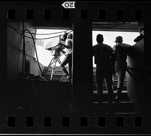 TV cameramen in Rex Sox dugout, Fenway Park, Boston