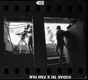 TV cameramen in Rex Sox dugout, Fenway Park, Boston