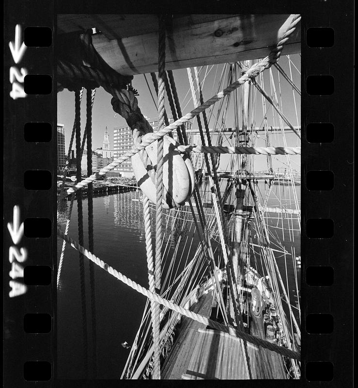 Rigging of HMS Beaver and downtown buildings, Boston