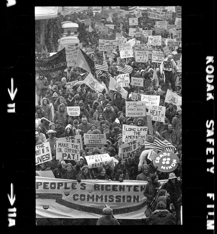 "Peoples Bicentennial Commission" at Boston Tea Party reenactment, Faneuil Hall