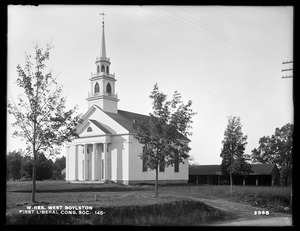 Wachusett Reservoir, First Liberal Congregational Society of West Boylston, church building and sheds, corner of Central and Worcester Streets, from the southeast, West Boylston, Mass., Oct. 17, 1898