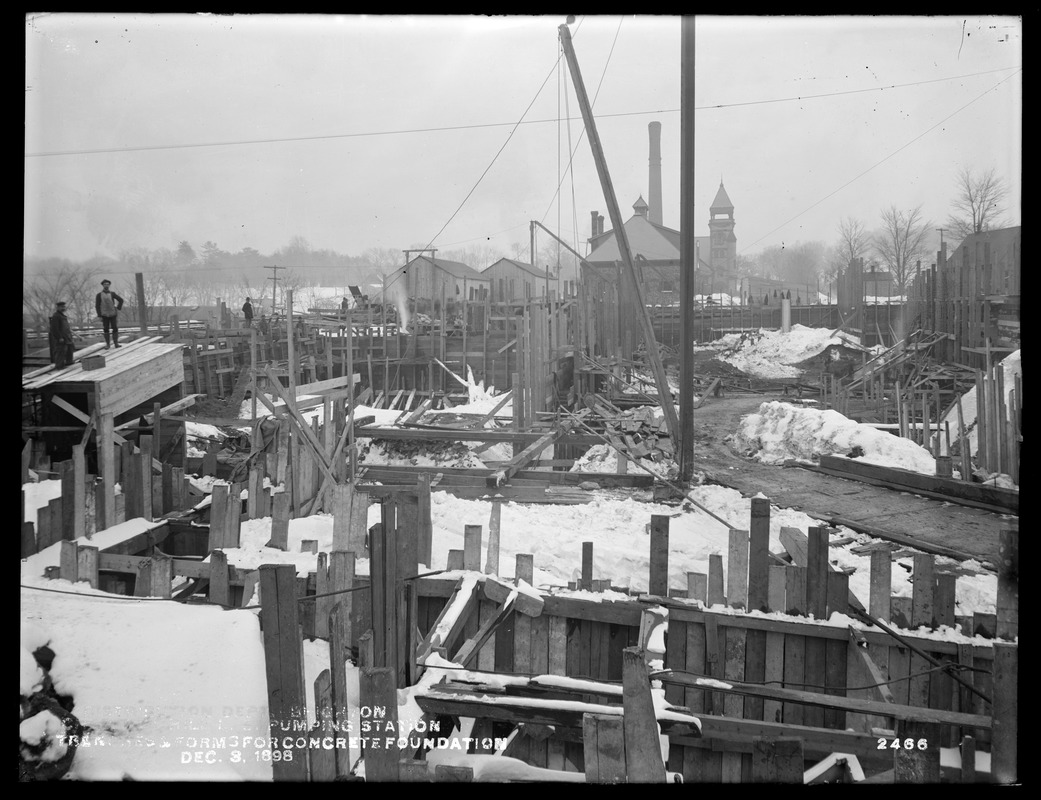 Distribution Department, Chestnut Hill Low Service Pumping Station, trenches and forms for concrete foundations, Brighton, Mass., Dec. 3, 1898