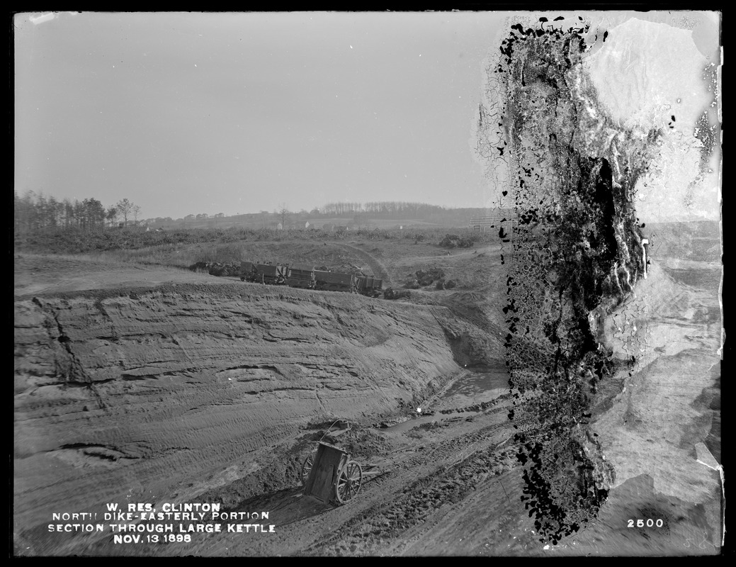 Wachusett Reservoir, North Dike, easterly portion, main cut-off trench, section through large kettle at station 19+00, looking northeast, Clinton, Mass., Nov. 13, 1898