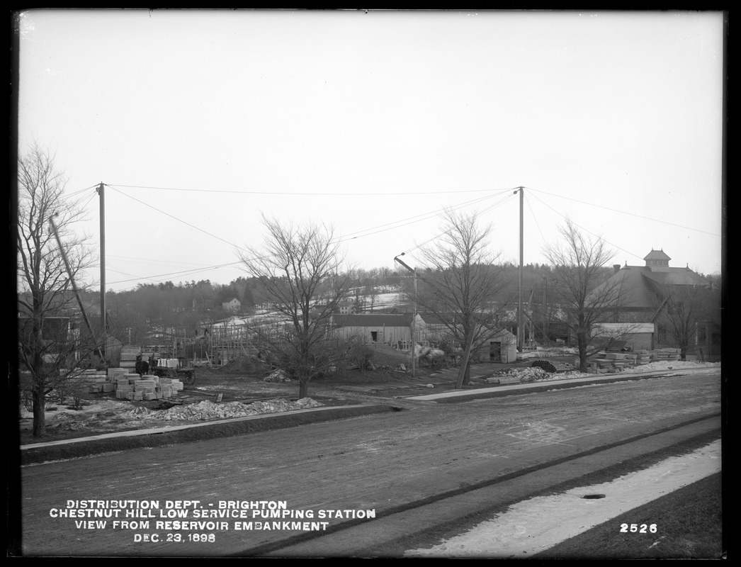 Distribution Department, Chestnut Hill Low Service Pumping Station, view from reservoir embankment, Brighton, Mass., Dec. 23, 1898