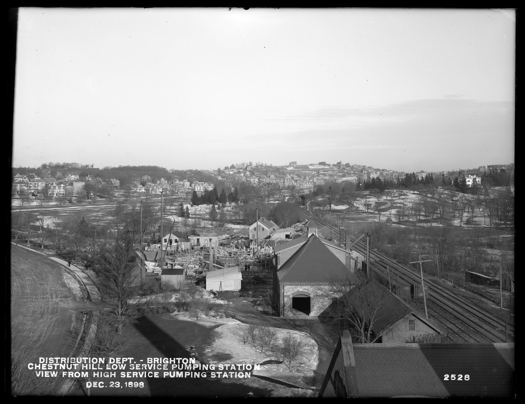 Distribution Department, Chestnut Hill Low Service Pumping Station, view from tower of High Service Pumping Station, Brighton, Mass., Dec. 23, 1898