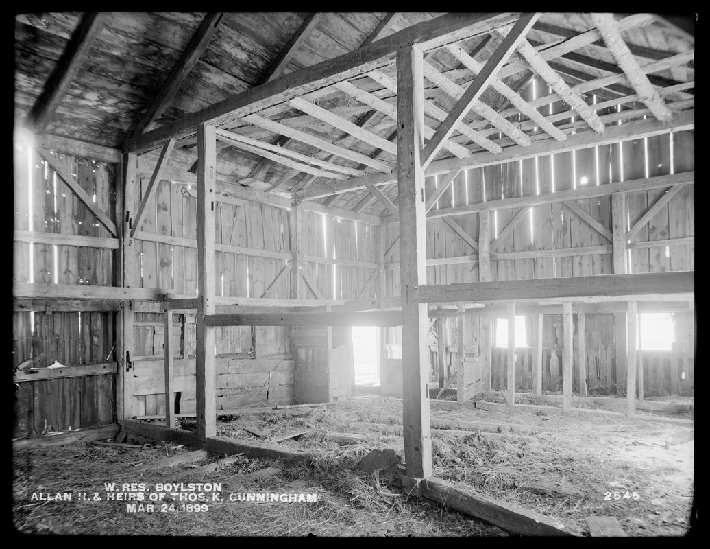 Wachusett Reservoir, Allan H. and Heirs of Thomas K. Cunningham's farm buildings, near South Clinton Station, Cunningham Road, from the southwest, West Boylston, Mass., Mar. 24, 1899