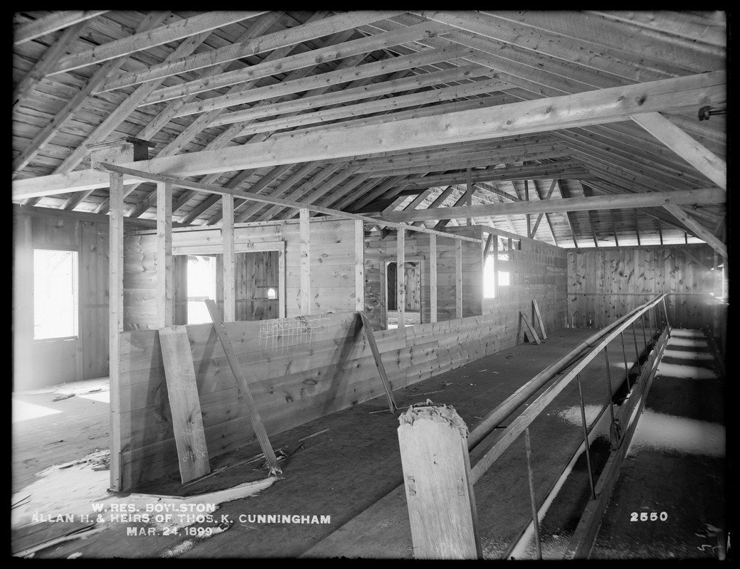 Wachusett Reservoir, Allan H. and Heirs of Thomas K. Cunningham's pavilion, interior; near South Clinton Station, Cunningham Road, West Boylston, Mass., Mar. 24, 1899