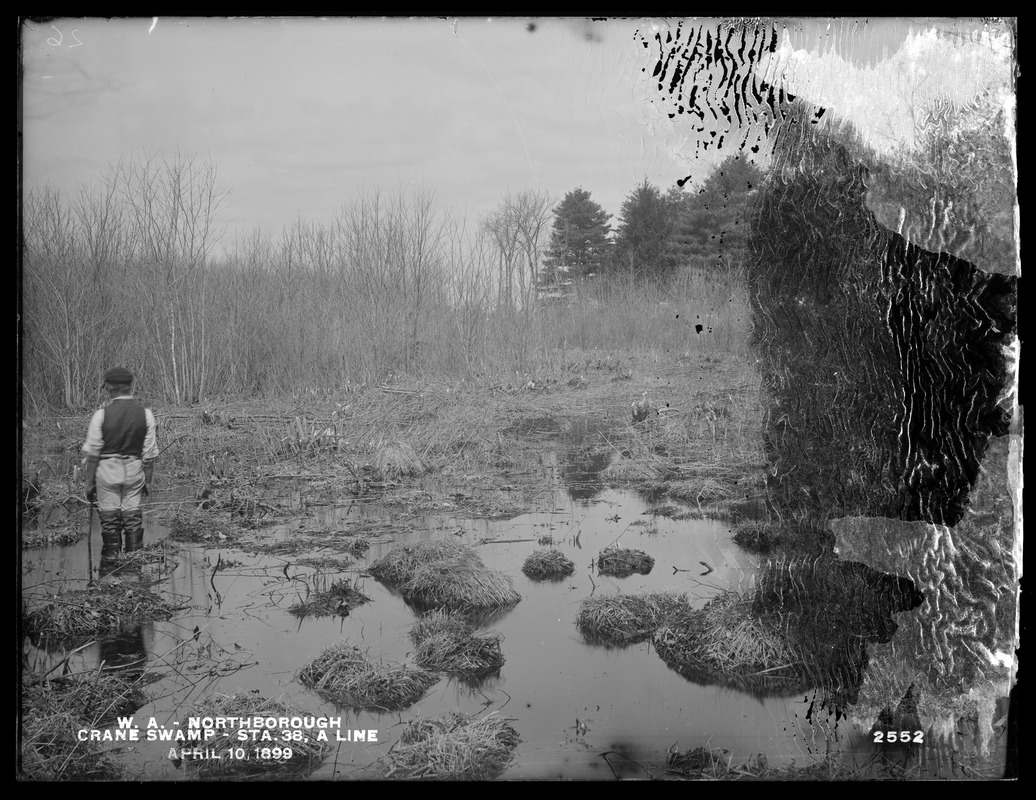 Wachusett Aqueduct, Crane Swamp before improvement, station 38, A Line, Northborough, Mass., Apr. 10, 1899