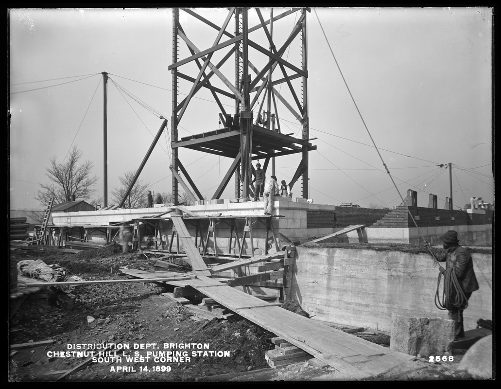 Distribution Department, Chestnut Hill Low Service Pumping Station, southwest corner, from the south, Brighton, Mass., Apr. 14, 1899