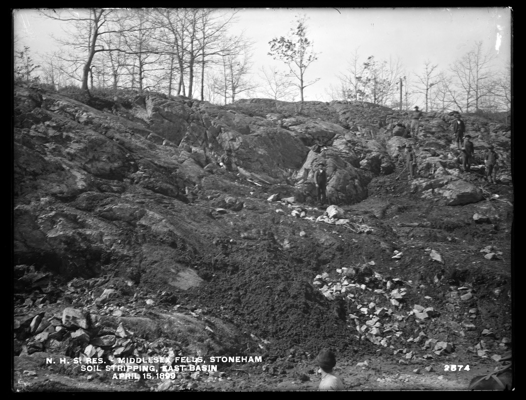 Distribution Department, Northern High Service Middlesex Fells Reservoir, soil stripping on south side of east basin, from the north, Stoneham, Mass., Apr. 15, 1899