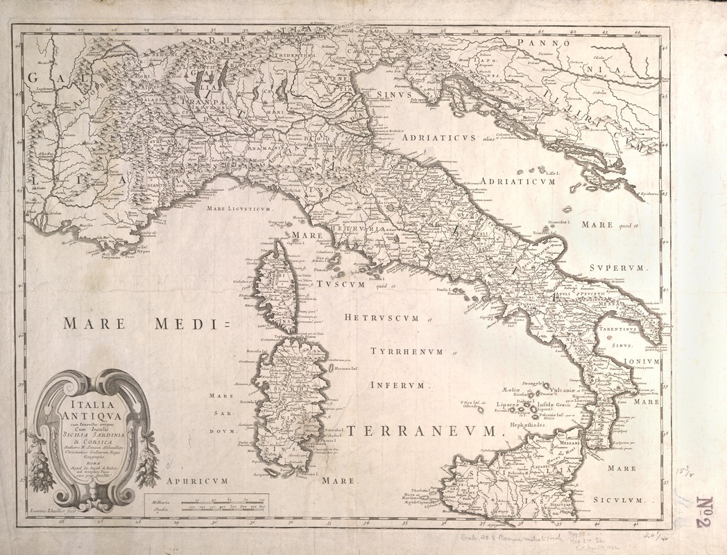 Italia antiqua, cum itineribus antiquis, cum insulis Sicilia, Sardinia & Corsica