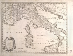Italia antiqua, cum itineribus antiquis, cum insulis Sicilia, Sardinia & Corsica