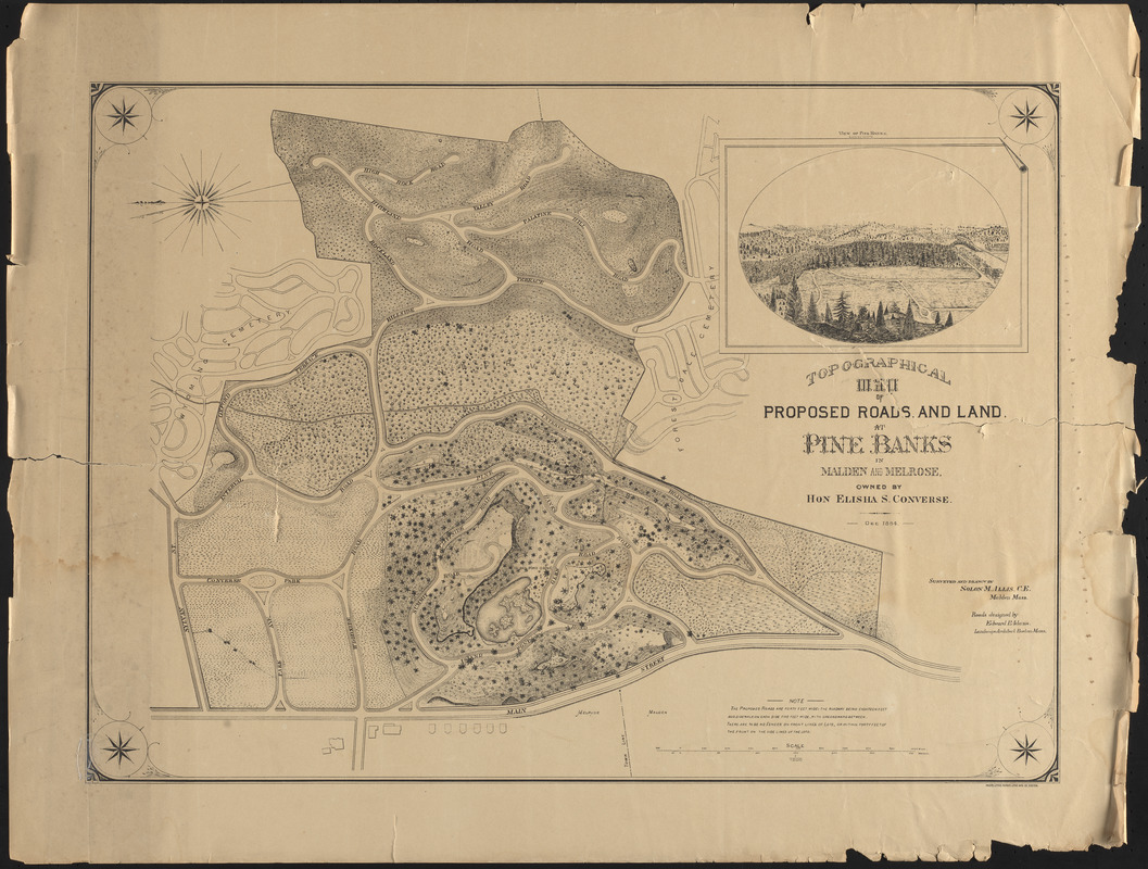 Topographical map of proposed roads and land at Pine Banks in Malden and Melrose, owned by Hon Elisha S. Converse