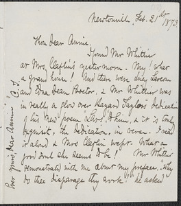 Celia Thaxter autograph letter signed to Annie Fields, Newtonville, [Mass.], 21 February 1873