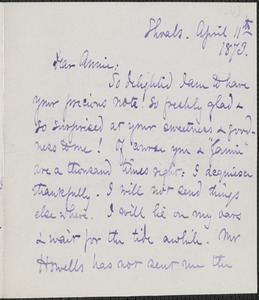 Celia Thaxter autograph letter signed to Annie Fields, Shoals, [N.H.], 11 April 1873