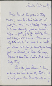 Celia Thaxter autograph letter signed to Annie Fields, Shoals, [N.H.], 22 April 1873