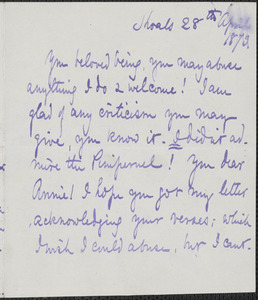 Celia Thaxter autograph letter signed to Annie Fields, Shoals, [N.H.], 28 April 1873
