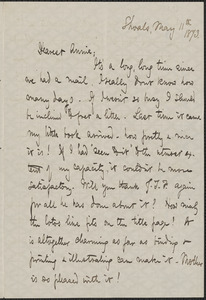 Celia Thaxter incomplete autograph letter signed to Annie Fields, Shoals, [N.H.], 11 & 13 May 1873
