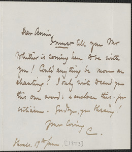 Celia Thaxter autograph note signed to Annie Fields, Shoals, [N.H]., 19 June [1873]