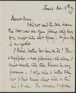 Celia Thaxter autograph letter signed to Annie Fields, Shoals, [N.H.], 16 October [18]73