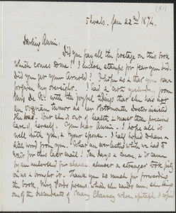 Celia Thaxter autograph letter signed to Annie Fields, Shoals, [N.H.], 22 January 1874