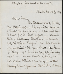 Celia Thaxter autograph letter signed to Annie Fields, Shoals, [N.H.], 20 February 1874