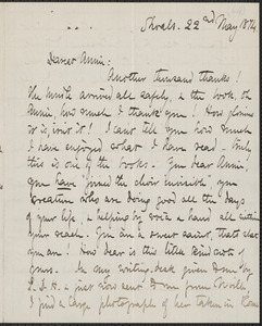 Celia Thaxter autograph letter signed to Annie Fields, Shoals, [N.H.], 22 May 1874