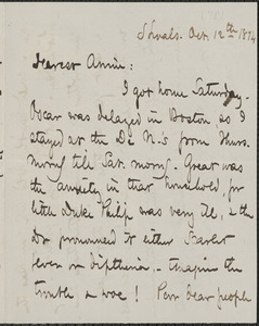 Celia Thaxter autograph letter signed to Annie Fields, Shoals, [N.H.], 12 October 1874