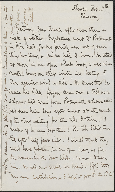 Celia Thaxter autograph letter signed to Annie Fields, Shoals, [N.H.], 11, [12 & 13] February [1875]