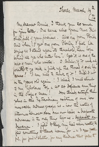 Celia Thaxter autograph letter signed to Annie Fields, Shoals, [N.H.], 14 and [15] March [18]76