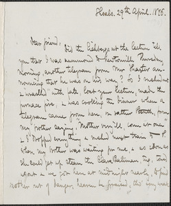 Celia Thaxter autograph letter signed to [James Thomas Fields], Shoals, [N.H.], 29 April 1876