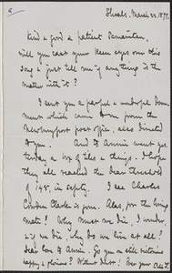 Celia Thaxter autograph letter signed to [James Fields,] Shoals, [N.H.], 22 March 1877