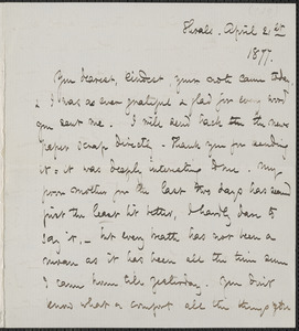 Celia Thaxter autograph letter signed to [Annie Fields], Shoals, [N.H.], 21 & [22] April 1877