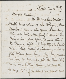 Celia Thaxter autograph letter signed to Annie Fields, Shoals, [N.H.], 15 August [18]77