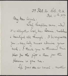 Celia Thaxter autograph letter signed to Annie Fields, Ports[mouth], N.H., 10 October 1877