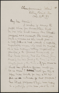 Celia Thaxter autograph letter signed to Annie Fields, Champernown's Island, Kittery Point, Me., 14 October [18]83